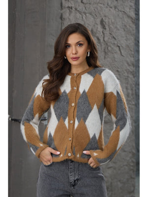 Kahverengi Düğmeli Baklava Desen Hırka EY-0031-Kahverengi