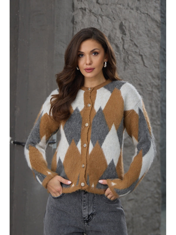 Kahverengi Düğmeli Baklava Desen Hırka EY-0031-Kahverengi