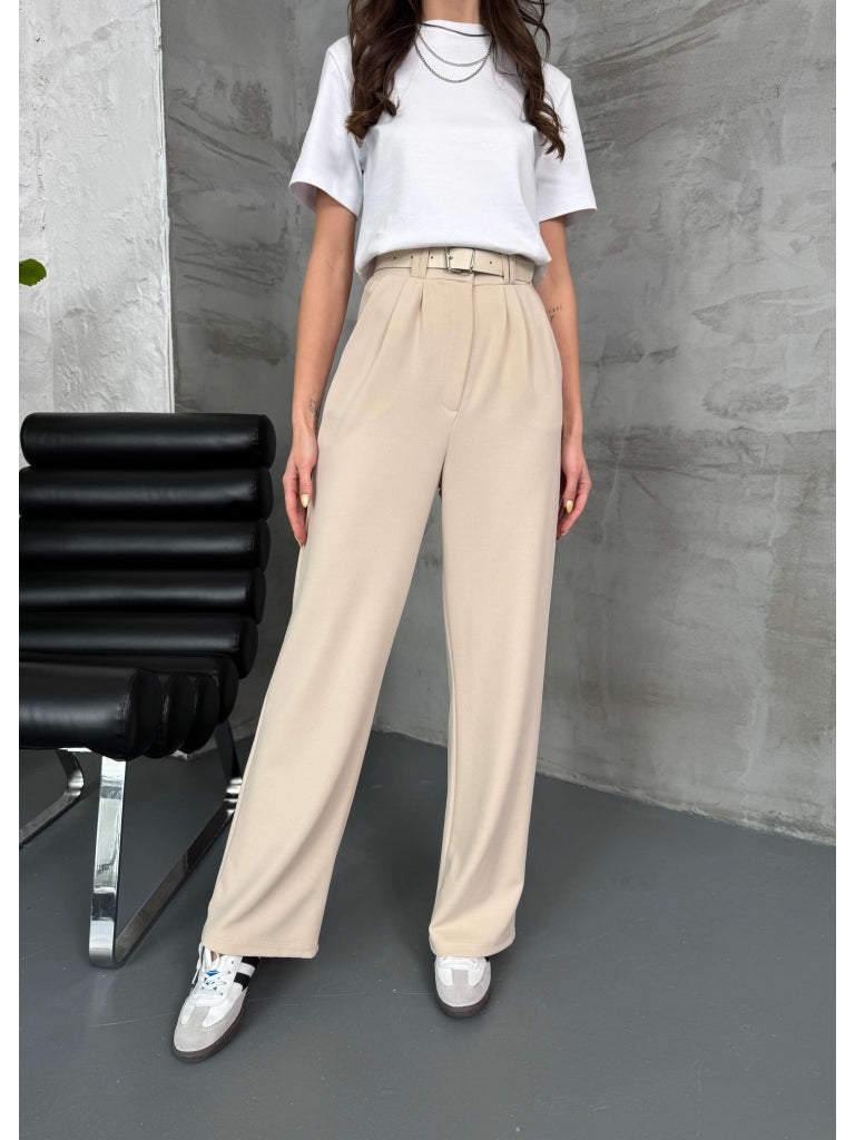 Krem Çift Pileli Kemerli Pantolon 3851-KREM