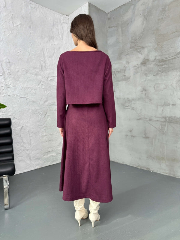 Mürdüm Bluzlu Elbise İkili Takım 7634-Mürdüm