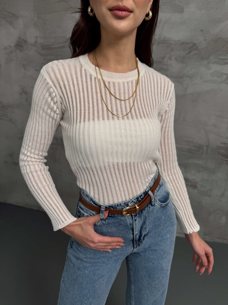 Ekru Transparan Triko Bluz 4178-Ekru