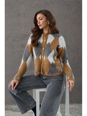 Kahverengi Düğmeli Baklava Desen Hırka EY-0031-Kahverengi