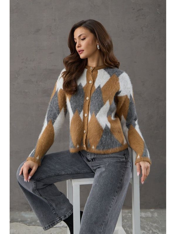 Kahverengi Düğmeli Baklava Desen Hırka EY-0031-Kahverengi