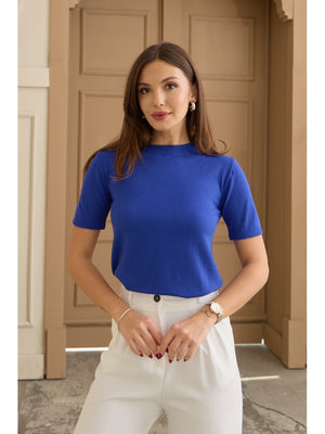 Saks Kısa Kollu Triko Bluz 2809-Saks