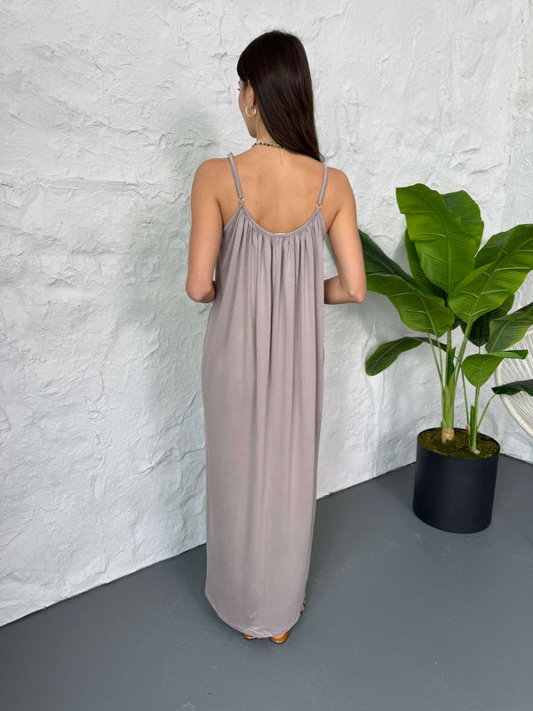 Premium Vizon Yaka Büzgülü Salaş Modal Elbise EY3224-Vizon