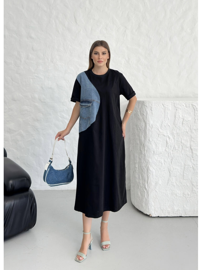 Siyah Jean Detaylı Tasarım Elbise EY-2586-Siyah