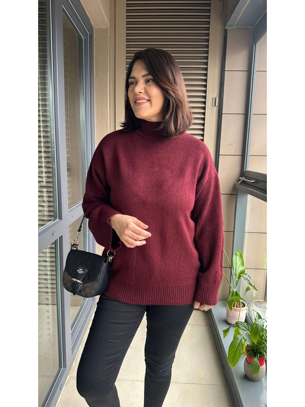 Bordo Dik Yaka Oversize Kazak 2326-Bordo