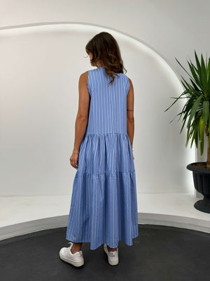 Mavi Çizgili Kat Kat Elbise 1420-MAVİ