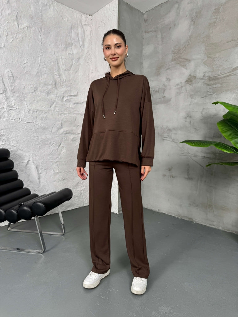 Kahverengi Modal Yan Yırtmaçlı Sweat Takım EY2130-Kahverengi