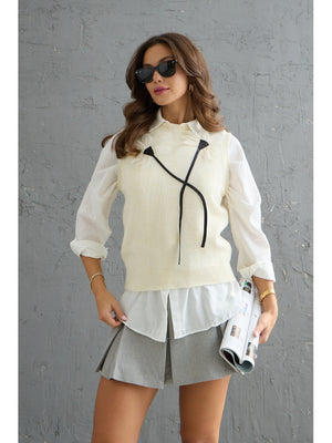 Ekru Keten Çiçek Detaylı Süveter 2201-EKRU