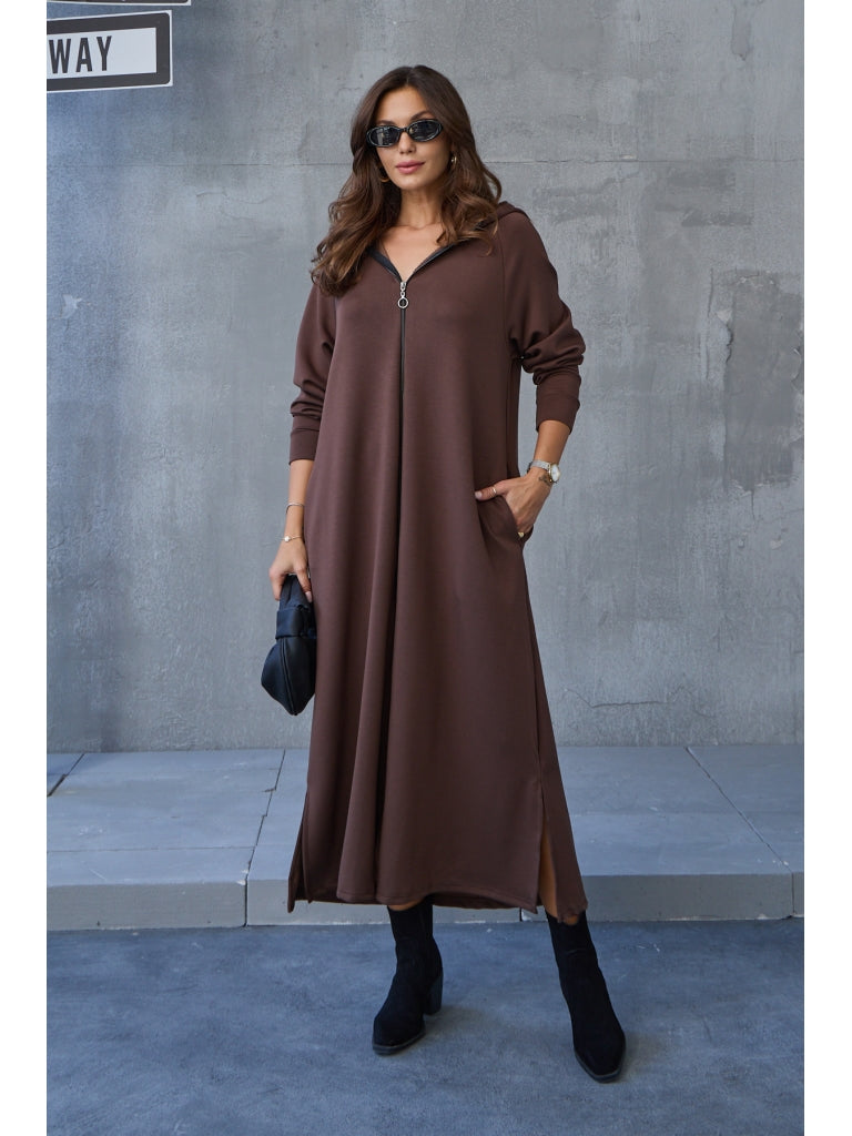 Kahve Fermuarlı Modal Çan Elbise EY8137-KAHVE