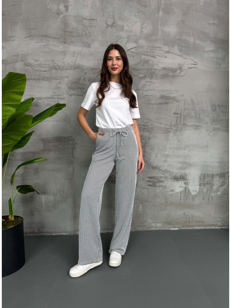 Siyah Çizgili Bel Lastikli Pantolon 80146-Siyah