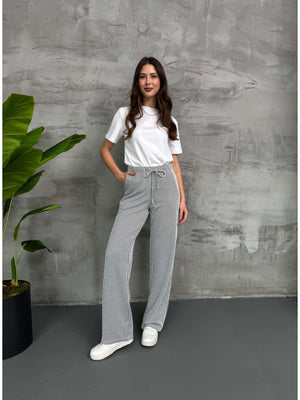 Siyah Çizgili Bel Lastikli Pantolon 80146-Siyah