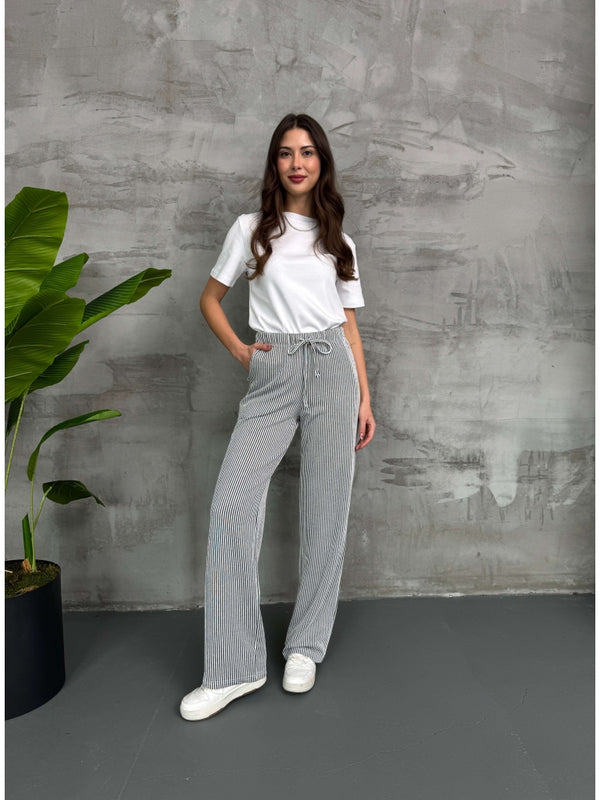 Siyah Çizgili Bel Lastikli Pantolon 80146-Siyah