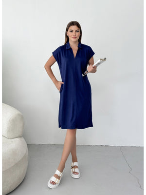 Premium Lacivert Polo Yaka Modal Elbise 0132-LACİ
