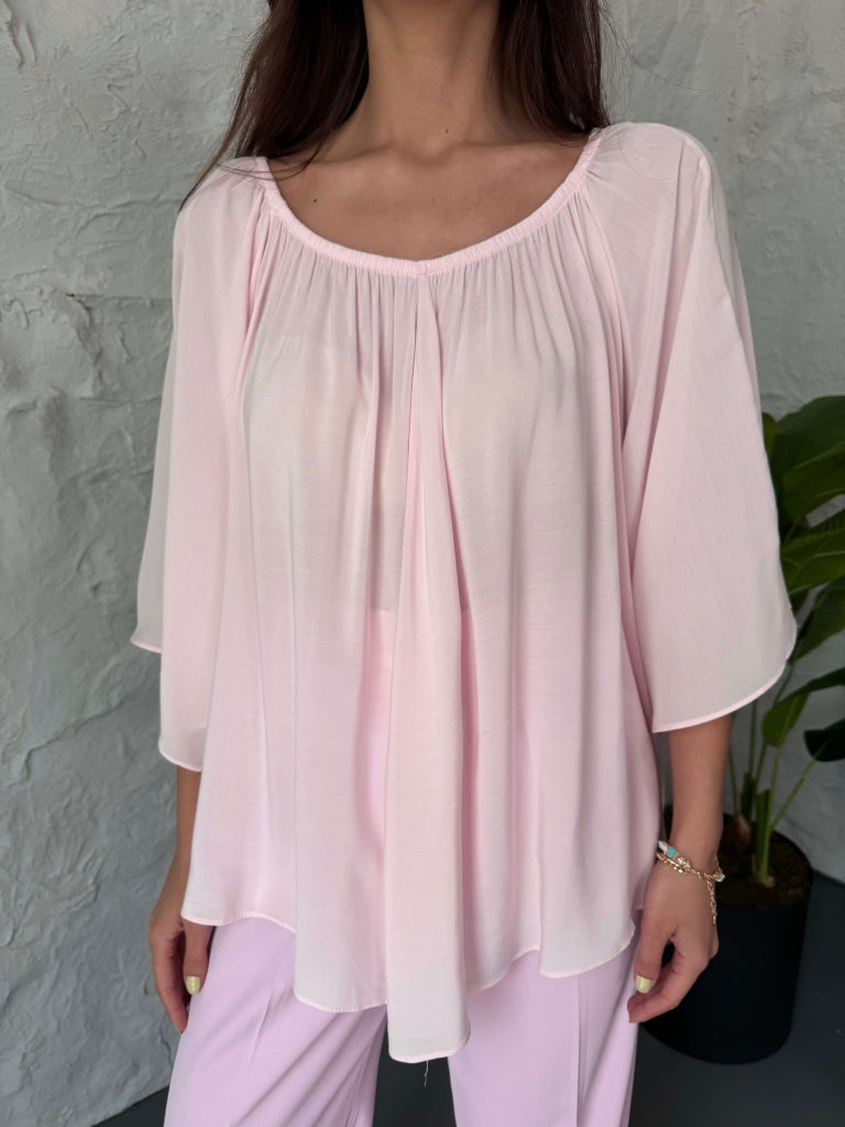 Pembe Yakası Lastikli Yarasa Kol Bluz EY4978-PEMBE