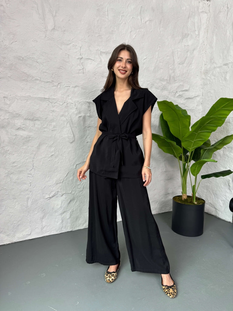 Siyah Tencel Yelek Pantolon Takım 4003-Siyah