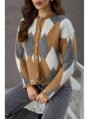 Kahverengi Düğmeli Baklava Desen Hırka EY-0031-Kahverengi