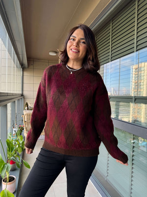 Bordo Kahverengi Baklava Desenli Kazak EY0088-Bordo Kahve