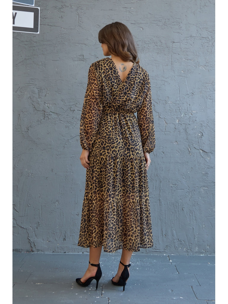 Leopar Ön Arka V Yaka Şifon Elbise 3236-LEOPAR