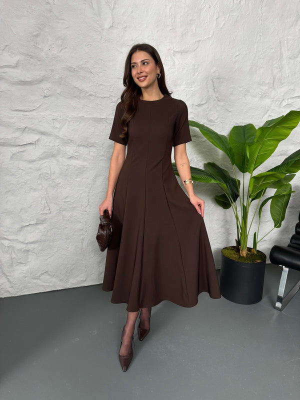 Kahve Maxi Boy Volanlı Elbise 3705-KAHVE