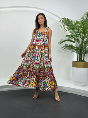 Karışık Renkli Bağlama Askılı Elbise 1397-RENKLİ