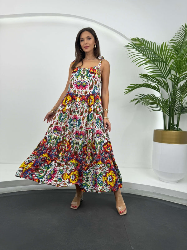 Karışık Renkli Bağlama Askılı Elbise 1397-RENKLİ