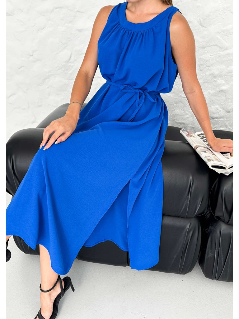Saks Yakası Büzgülü Elbise 1402-Saks