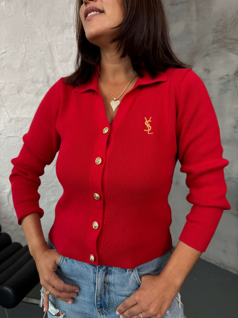 Kırmızı Gold Düğmeli Polo Yaka Hırka EM-001-Kırmızı