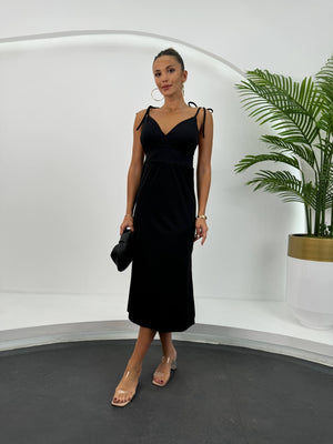 Siyah İp Askı Bağlamalı Elbise 28865-Siyah