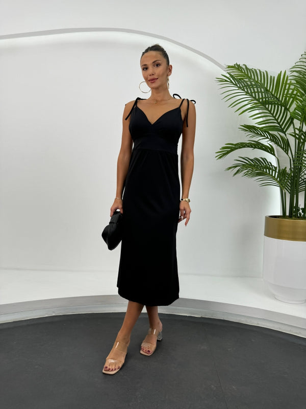 Siyah İp Askı Bağlamalı Elbise 28865-Siyah