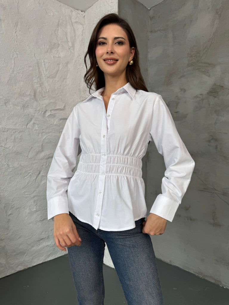 Beyaz Bel Lastikli Gömlek 3192-Beyaz