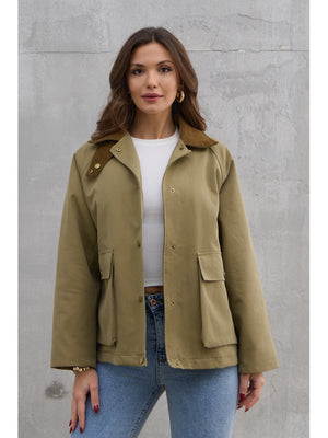 Haki Kadife Yaka Kısa Mont 0213-HAKİ