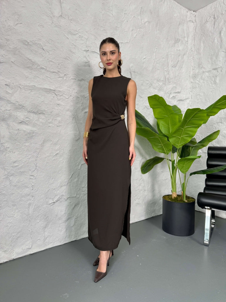 Kahve Toka Detaylı Elbise 3269-Kahve