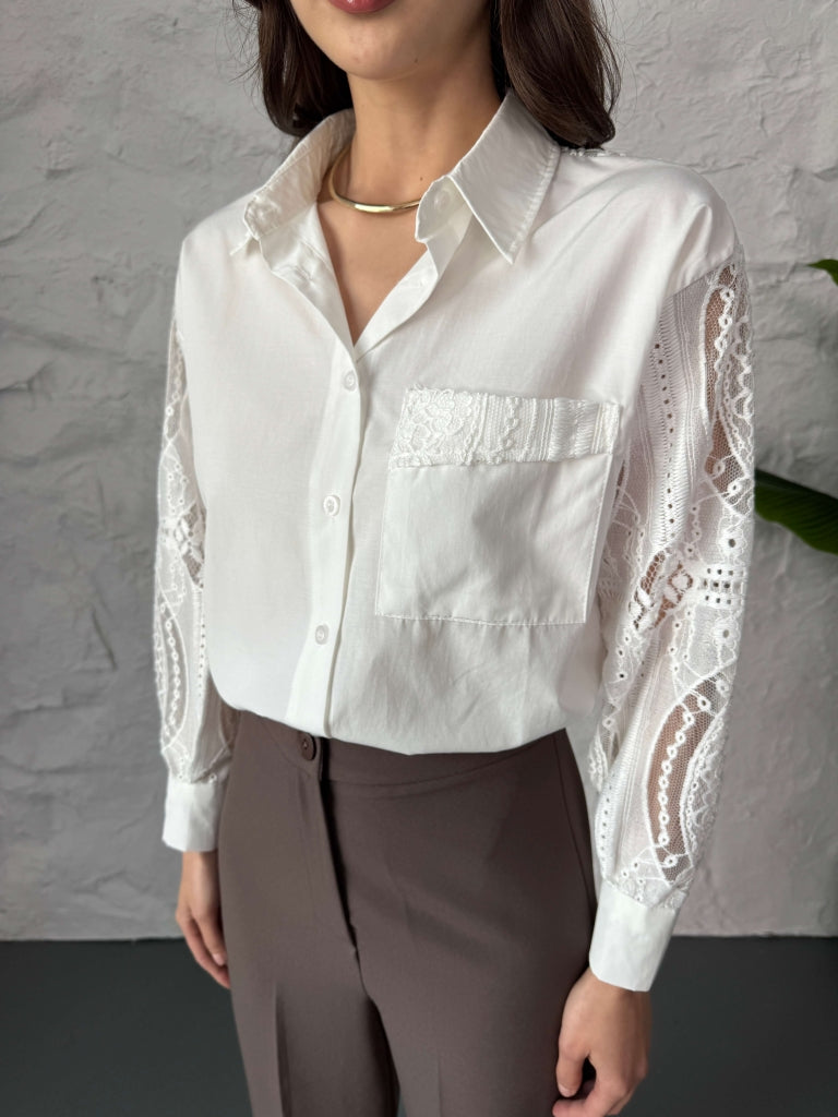 Beyaz Dantel Detaylı Gömlek 29589-BEYAZ