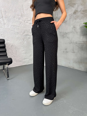 Siyah Taş Baskılı Modal Pantolon 4205-Siyah