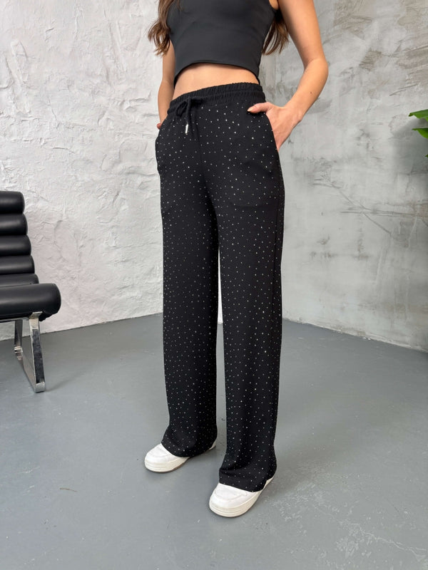 Siyah Taş Baskılı Modal Pantolon 4205-Siyah