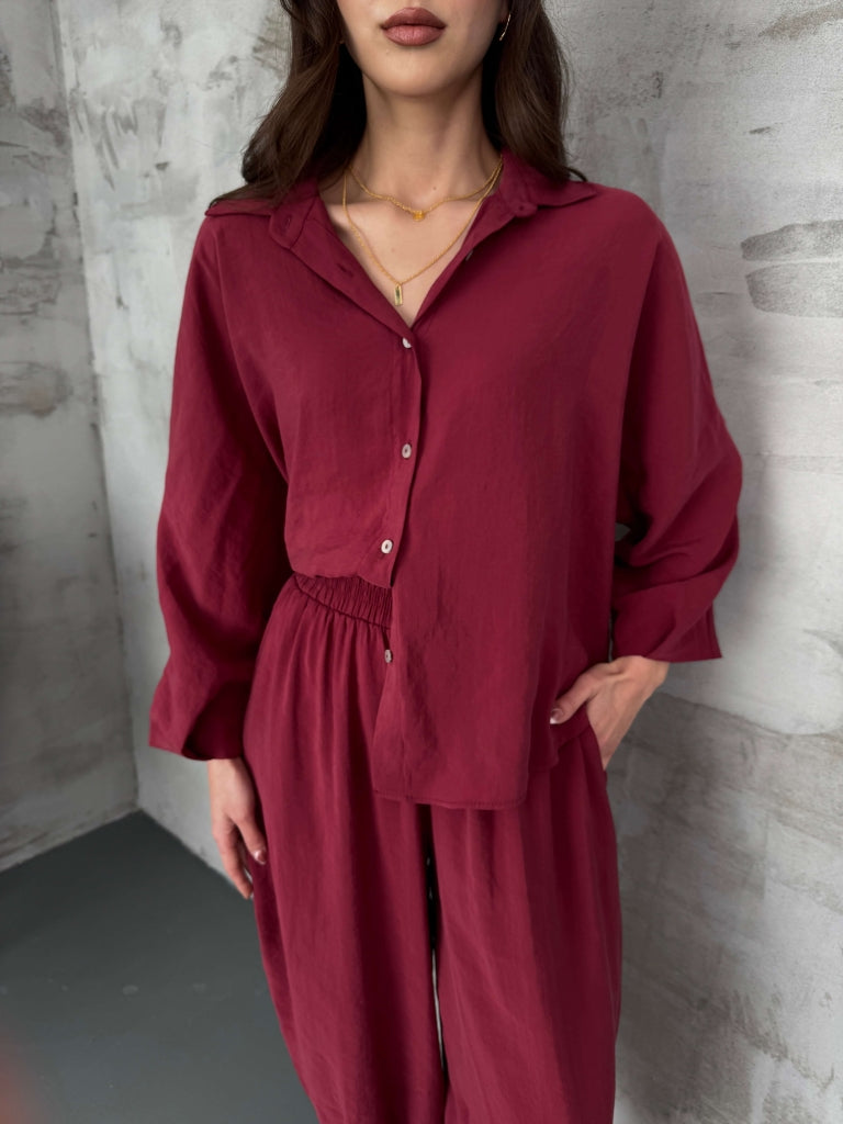 Bordo Tensel Gömlek Pantolon Takım 50957-BORDO