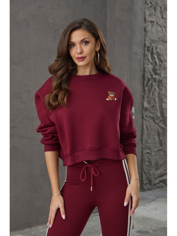 Bordo Teddy Nakış Detaylı Sweat 77-Bordo