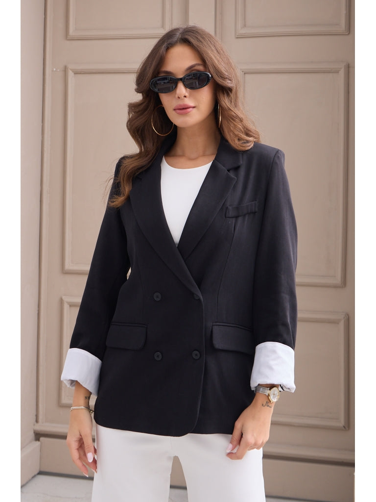 Siyah Kol Manşetli  Premium Tensel Modal Kumaş Ceket EY50143-Siyah