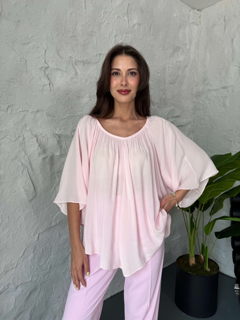 Pembe Yakası Lastikli Yarasa Kol Bluz EY4978-PEMBE