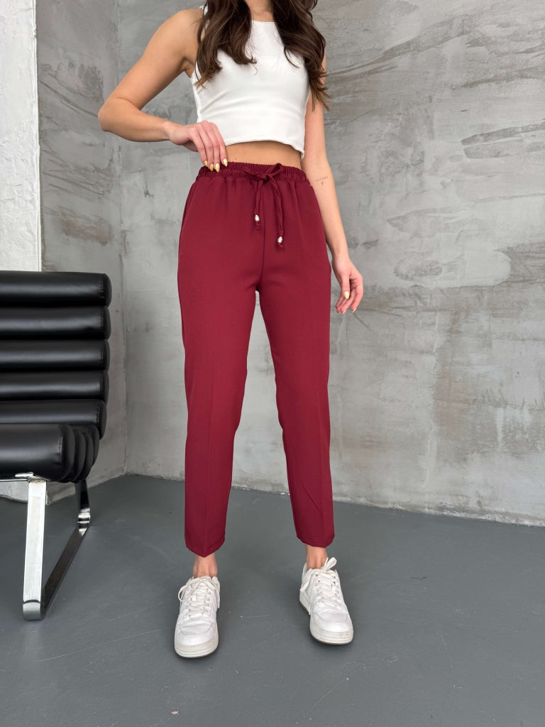 Bordo Bel Lastikli Havuç Pantolon 80178-Bordo
