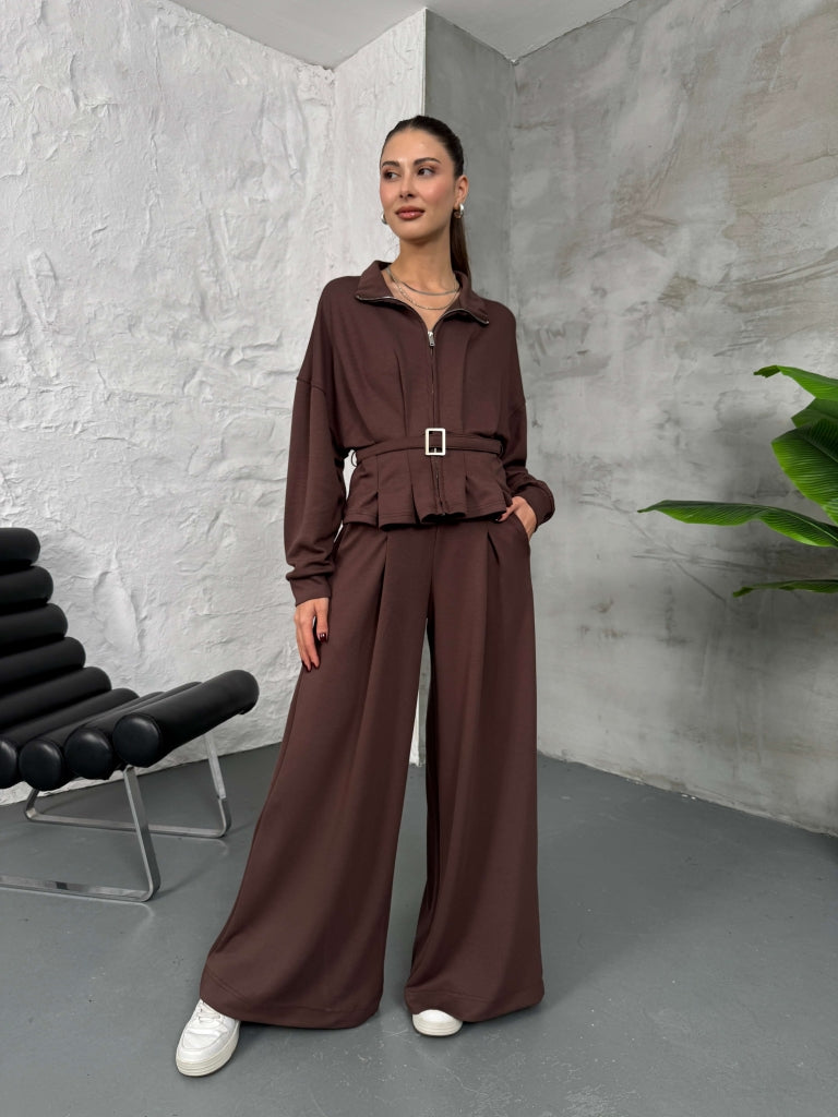 Kahverengi Beli Kemerli Modal Takım 4034-Kahverengi