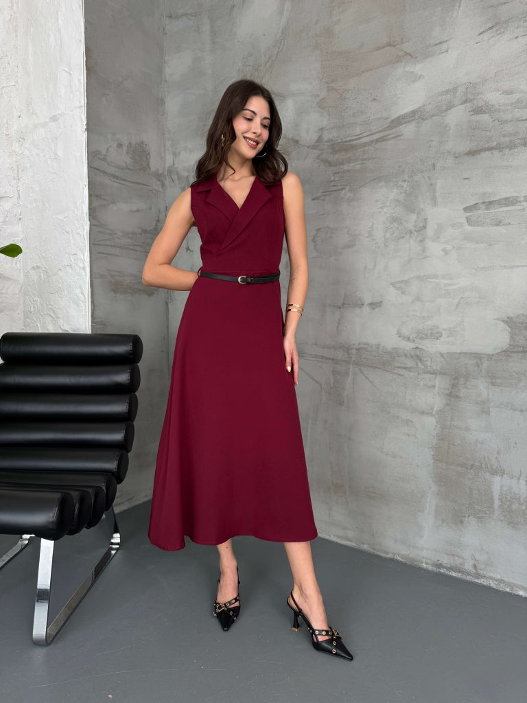Bordo Kruvaze Kemerli Çan Elbise 35409-Bordo