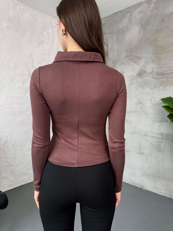 Kahverengi Yakalı Fermuarlı Body EYY1004-Kahverengi