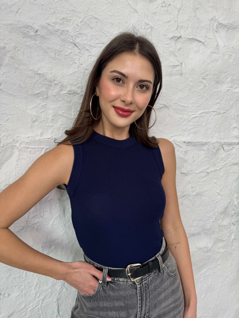 Lacivert Merserize Sıfır Kol Bluz 5179-LACİVERT