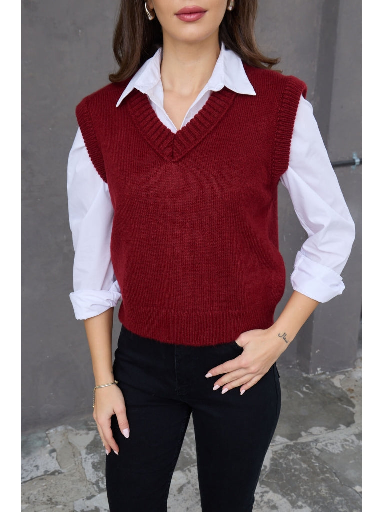 Bordo V Yaka Süveter 2286-Bordo