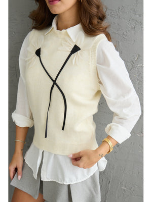 Ekru Keten Çiçek Detaylı Süveter 2201-EKRU