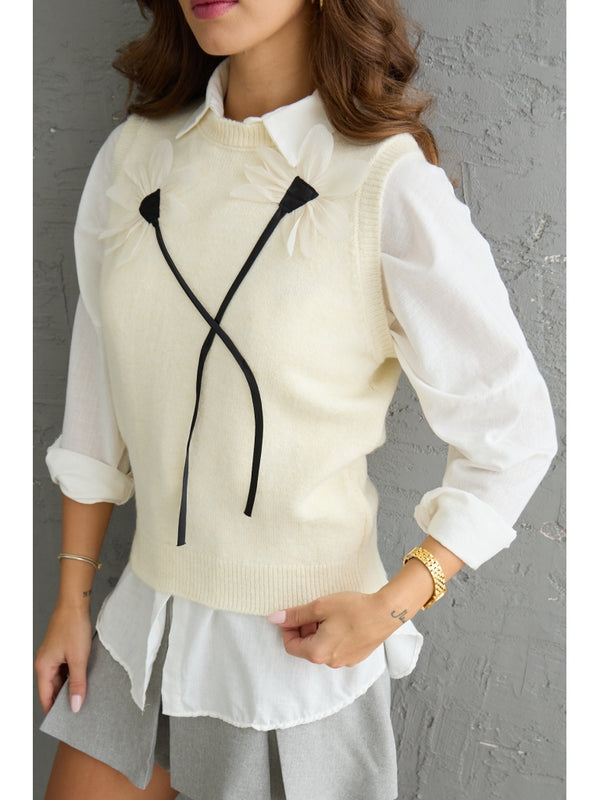 Ekru Keten Çiçek Detaylı Süveter 2201-EKRU