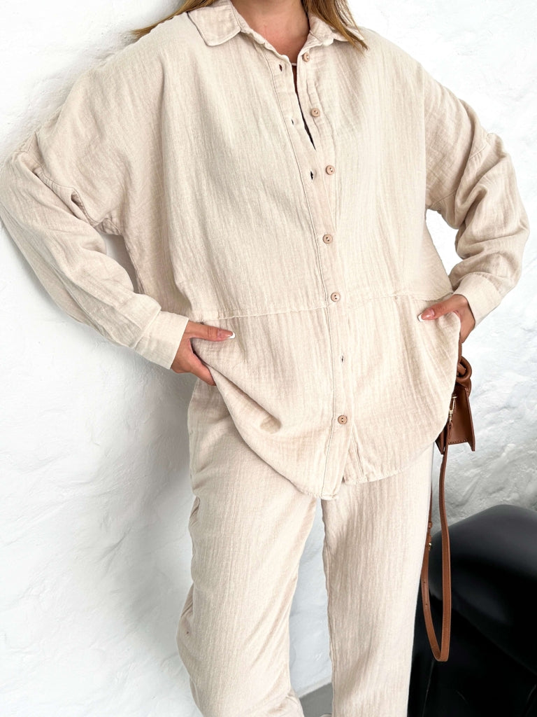 Taş Keten Dikiş Detaylı İkili Takım 0254-TAŞ